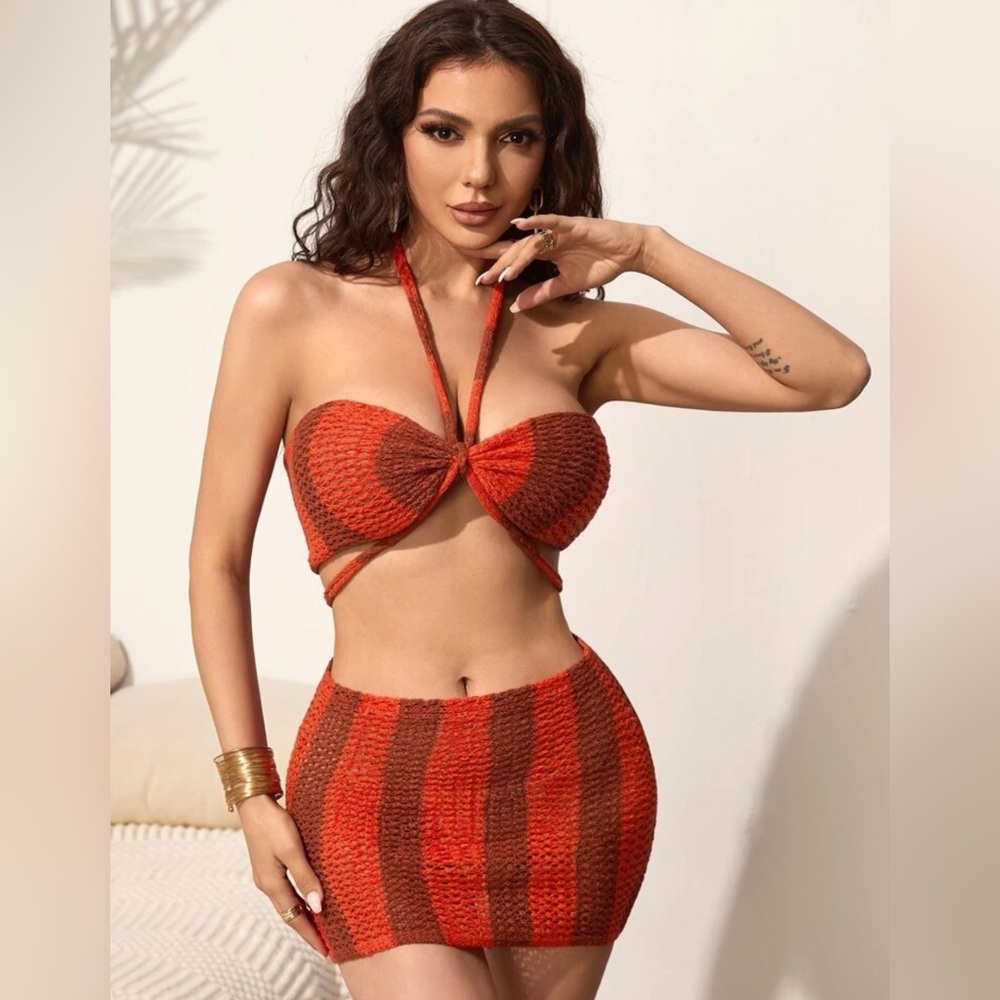 Boho Crochet Knit Two-Piece Set – Red & Brown Striped (Size Small) - Picture 3 of 3